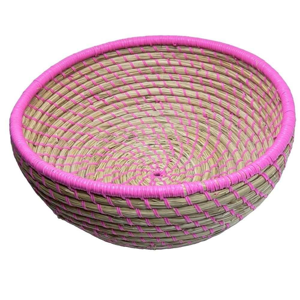 Vintage Woven Coil Basket Hot Pink Boho Dopamine Decor Storage Bowl 15"
